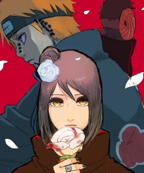 1girl 2boys akatsuki_(naruto) akatsuki_uniform black_coat black_gloves black_hair blood closed_mouth coat eyeshadow flower forehead_protector gloves hair_bun hair_flower hair_ornament high_collar holding holding_flower jewelry konan_(naruto) looking_at_viewer makeup mask meitarou multiple_boys nail_polish naruto_(series) naruto_shippuuden orange_eyes orange_hair pain_(naruto) petals piercing purple_hair ring rinnegan short_hair single_hair_bun tobi_(naruto) uchiha_obito