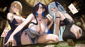 3girls :d :o alternate_costume arm_strap ass bare_shoulders black_dress black_gloves black_hair blonde_hair blue_dress blue_eyes blue_hair blush breasts brown_dust_(series) brown_dust_2 butt_crack card cleavage closed_mouth coin collarbone colored_inner_hair commentary_request covered_navel dress eclipse_(brown_dust_2) elbow_gloves gaitoou gloves hair_between_eyes hair_over_one_eye highres holding indoors jewelry large_breasts long_hair looking_at_viewer morpeah_(brown_dust) multicolored_hair multiple_girls necklace no_panties one_eye_covered open_mouth panties playing_card red_eyes side-tie_panties smile thighs tongue tongue_out two-tone_hair underwear wilhelmina_(brown_dust)