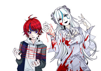 1boy 1girl ahoge blood blood_on_clothes blood_on_face blue_eyes blue_hair bound commentary dress facial_mark flower hair_flower hair_ornament hetero highres holding hood hooded_jacket jacket lakujox leash long_hair multicolored_hair purple_eyes red_eyes red_hair short_hair streaked_hair string string_of_fate sumino_takumi the_hundred_line_-last_defense_academy- tied_up_(nonsexual) v'ehxness wedding_dress white_dress white_hair