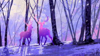 animal antlers commentary deer deer_antlers forest frost horns kloir landscape nature original painterly purple_fur scenery snow tree winter