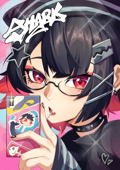 1girl absurdres black_choker black_hair black_shirt blush candy cellphone choker colored_inner_hair commentary double-parted_bangs earrings ellen_joe fang food glasses hair_ornament hand_up highres holding holding_phone jewelry lollipop lollipop_in_mouth long_sleeves looking_at_viewer mole mole_under_eye multicolored_hair open_mouth phone pink_background portrait punnn0221 razor_blade_hair_ornament red_eyes shirt short_hair skin_fang smartphone solo star_(symbol) star_hair_ornament symbol-only_commentary x_hair_ornament zenless_zone_zero