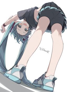 1girl :d alternate_costume aqua_eyes aqua_hair aqua_nails aqua_shoes ass bent_over bike_shorts bike_shorts_under_skirt black_shirt black_skirt forehead from_behind from_below full_body hasei_(hasei01) hashtag-only_commentary hatsune_miku highres light_blush long_hair looking_at_viewer looking_back miniskirt open_mouth shirt shoes skirt smile solo stretching t-shirt teeth twintails upper_teeth_only vocaloid