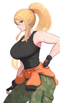 1girl absurdres alternate_breast_size_(larger) alternate_costume bare_shoulders black_tank_top blonde_hair breasts camouflage camouflage_pants cargo_pants closed_mouth clothes_around_waist collarbone commentary_request covered_navel cowboy_shot expressionless from_side gigantic_breasts gonzarez green_pants hair_between_eyes hand_on_own_hip highres jacket jacket_around_waist long_hair looking_at_viewer metroid mole mole_under_mouth muscular muscular_female nintendo orange_jacket pants ponytail samus_aran sidelocks simple_background solo standing tank_top v-shaped_eyebrows white_background