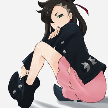 1girl asymmetrical_bangs black_boots black_hair black_jacket boots closed_mouth dress ear_piercing green_eyes hair_over_one_eye hair_ribbon jacket kei9969 knee_up looking_at_viewer marnie_(pokemon) nintendo piercing pink_dress pokemon pokemon_swsh ribbon simple_background sitting solo twintails undercut white_background