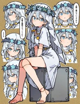 1girl artist_request blue_eyes box braid doll_joints dress earrings elden_ring elden_ring_nightreign feet_out_of_frame flower_wreath full_body highres jewelry joints long_hair low_twin_braids multiple_views on_box revenant_(elden_ring) simple_background sitting sitting_on_box third-party_source translation_request twin_braids upper_body white_coif white_dress white_hair