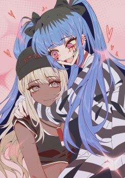 2girls amemiya_darumi artist_request black_bow black_hair black_hat blonde_hair blue_hair blush bow chinese_commentary choker commentary_request commission crop_top dark-skinned_female dark_skin facial_mark grey_eyes hair_bow hat heart heart-shaped_pupils heart_facial_mark highres hug jewelry kawana_tsubasa long_hair looking_at_another makeup multicolored_hair multiple_girls necklace pink_background pink_eyes red_choker roots_(hair) runny_makeup second-party_source shirt smile striped_clothes striped_shirt symbol-shaped_pupils teeth the_hundred_line_-last_defense_academy- twintails upper_teeth_only yuri