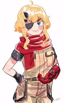 Rule 34 | 1girl, black gloves, blonde hair, blue eyes, blush, breast pocket, cosplay, cowboy shot, eyepatch, fingerless gloves, florida-chan (ryusei hashida), gloves, hand on own hip, highres, horns, jacket, looking at viewer, mechanical arms, metal gear (series), metal gear solid v: the phantom pain, one eye covered, original, pants, pocket, prosthesis, prosthetic arm, red scarf, ryusei hashida, scarf, sidelocks, signature, simple background, single mechanical arm, solo, venom snake, venom snake (cosplay), wavy mouth, white background, yellow jacket, yellow pants
