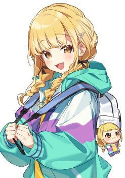 1girl :d backpack bag black_ribbon blonde_hair blush braid character_doll chibigurumi commentary_request doll fang fujita_kotone gakuen_idolmaster hair_ribbon highres holding_strap hood hooded_jacket idolmaster jacket long_sleeves looking_at_viewer multicolored_jacket open_mouth pisuke_wan ribbon simple_background skin_fang smile solo twin_braids twitter_username white_background white_bag yellow_eyes