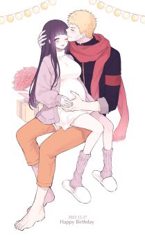 Rule 34 | armband, bandaged leg, bandages, barefoot, black hair, black jacket, blonde hair, blunt bangs, bouquet, box, breasts, cardigan, closed eyes, closed mouth, couple, dress, facial mark, flower, full body, gift, gift box, grey eyes, hand on another's stomach, hetero, highres, hime cut, holding hands, hyuuga hinata, jacket, large breasts, light blush, long hair, naruto (series), naruto shippuuden, one eye closed, orange pants, pants, parted lips, pregnant, purple cardigan, purple socks, red armband, red flower, red scarf, scarf, short hair, sidelocks, sitting, sitting on lap, sitting on person, slippers, smile, socks, spiked hair, straight hair, ting, turtleneck, turtleneck dress, uzumaki naruto, whisker markings, white dress, white slippers