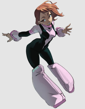 Rule 34 | 1girl, artist name, black bodysuit, bodysuit, boku no hero academia, boots, breasts, brown eyes, brown hair, floating, full body, grey background, highres, long sleeves, medium breasts, medium hair, multicolored bodysuit, open mouth, pink boots, pink trim, smile, solo, superhero costume, thick eyebrows, two-tone bodysuit, uraraka ochako, vanelover, white bodysuit