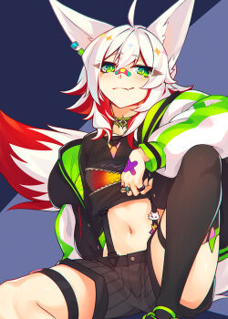 Rule 34 | 1girl, ahoge, animal ear fluff, animal ear piercing, animal ears, bandaid, bandaid on face, bandaid on hand, bandaid on nose, black shorts, black thighhighs, choker, commentary, crop top, english commentary, eyes visible through hair, fang, fang out, fox ears, fox girl, fox tail, green eyes, hair between eyes, hibana tsumie, highres, indie virtual youtuber, jacket, jewelry, knee up, long sleeves, looking at viewer, medium hair, midriff, multicolored hair, nail polish, navel, off shoulder, open clothes, open jacket, puffy long sleeves, puffy sleeves, red hair, ricegnat, ring, short shorts, shorts, single thighhigh, sitting, skin fang, smile, solo, tail, thigh strap, thighhighs, two-tone hair, virtual youtuber, white hair