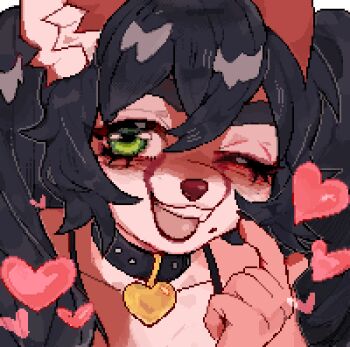 1girl ;d absurdres animal_collar black_choker black_hair borrowed_character brown_fur choker close-up collar commission crossed_bangs double-parted_bangs fang finger_to_own_chin furry green_eyes heart heart_choker highres long_hair looking_to_the_side lower_eyelashes_only mole mole_under_mouth one_eye_closed open_mouth original pixel_art portrait red_panda saproena sideways_glance smile solo teeth thick_eyebrows tongue transparent_background twintails two-tone_fur upper_teeth_only wavy_hair white_fur