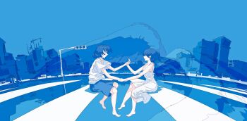 2girls absurdres barefoot blue_eyes blue_hair blue_shorts blue_sky blue_theme bob_cut city clear_sky crosswalk day dress feitu233 full_body highres holding_hands knee_up lamppost looking_at_another multiple_girls original outdoors scenery shirt short_hair shorts sitting sky white_dress white_shirt