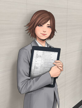 1girl araki_saori araki_saori_(cosplay) brown_eyes brown_hair clipboard command_input cosplay formal_clothes geoffrey_daigon highres holding indoors kazama_asuka looking_at_viewer office_lady pant_suit pants puffy_cheeks shadow short_hair smile standing suit tekken twitter_username