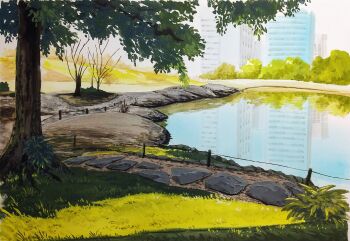 apartment building city commentary dead_plants grass harusa1107 highres no_humans original plant pond reflection reflective_liquid shadow sunlight symbol-only_commentary tree tree_shade water