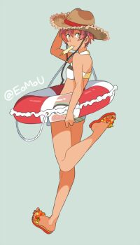 1girl bikini blue_background breasts commentary_request emu_(eomou) food food_in_mouth hair_between_eyes hand_on_headwear hat hoshizora_rin innertube leg_up looking_at_viewer love_live! love_live!_school_idol_project popsicle popsicle_in_mouth red_hair sandals short_hair simple_background small_breasts solo swim_ring swimsuit tan twitter_username yellow_eyes