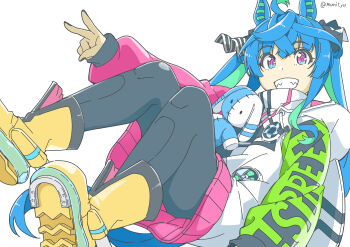 1girl absurdres ahoge animal_ears animal_hood aqua_hair black_leggings black_nails blue_hair boots bow clothes_writing commentary_request crossed_bangs drawstring foot_out_of_frame grin hair_bow hand_up highres hood hoodie horse_ears horse_girl horse_tail knees_up leggings long_hair long_sleeves looking_at_viewer multicolored_hair multicolored_hoodie munityu purple_eyes rabbit_hood sharp_teeth sidelocks simple_background smile solo striped_bow stuffed_animal stuffed_rabbit stuffed_toy tail teeth twin_turbo_(blast_mode!_turbo_engine)_(umamusume) twin_turbo_(umamusume) twintails twitter_username two-tone_hair umamusume v white_background yellow_boots