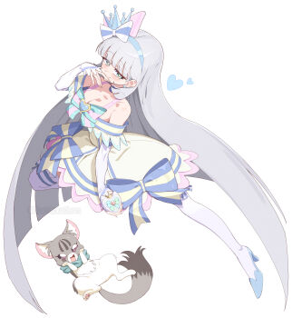1girl :d animal_ear_hairband animal_ears aqua_bow aqua_scrunchie blue_bow blue_choker blue_crown blue_eyes blue_hairband blue_shoes blunt_bangs blunt_ends blush bow bow_hairband breasts bright_pupils brooch brown_fur cat cat_ear_hairband cat_ears chest_bow choker cleavage closed_mouth collarbone commentary compact_(cosmetics) cosmetics crown crown_earrings cure_nyammy detached_sleeves dot_nose dress dress_bow earrings fake_animal_ears fingernails frilled_dress frilled_sleeves frills full_body hairband hand_on_own_chin heart heart_brooch high_heels highres holding holding_compact jewelry kuruinuchan leg_up long_hair looking_at_viewer magical_girl medium_breasts medium_dress mini_crown multicolored_bow nekoyashiki_mayu nekoyashiki_mayu_(cat) nekoyashiki_yuki off-shoulder_dress off_shoulder open_mouth pawpads precure purple_eyes scrunchie shiny_cats_pact shoes simple_background smile striped_bow thighhighs tilted_headwear twitter_username two-tone_fur very_long_hair white_background white_dress white_fur white_sleeves white_thighhighs wonderful_precure! yellow_pupils