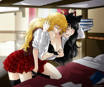 2girls ahoge artist_name bed biting black_hair black_panties black_socks blake_belladonna blonde_hair blush book bra bra_pull breasts bunk_bed cleavage closed_eyes clothes_pull dress_shirt fingering fingerless_gloves gloves hand_in_another&#039;s_hair hand_in_panties hand_under_clothes hand_under_skirt kneehighs medium_breasts moaning multiple_girls navel neck_biting necking panties plaid_clothes plaid_skirt rwby school_uniform shirt skirt socks strap_slip sweat thighhighs underwear vest yang_xiao_long yaya_(y8ay8a) yuri zettai_ryouiki
