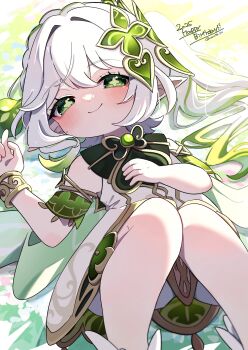 1girl absurdres bare_shoulders blush bracelet closed_mouth commentary_request detached_sleeves dress genshin_impact gold_trim gradient_hair green_eyes green_hair green_sleeves hair_between_eyes hair_ornament happy_birthday highres jewelry leaf_hair_ornament long_hair looking_at_viewer lying multicolored_hair nahida_(genshin_impact) nanakusa_yomogi on_back pointy_ears side_ponytail sleeveless sleeveless_dress smile solo star-shaped_pupils star_(symbol) symbol-shaped_pupils twitter_username white_dress white_hair