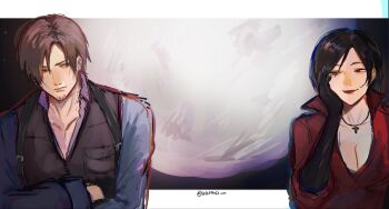 Rule 34 | 1boy, 1girl, ada wong, black gloves, black hair, blue shirt, breasts, brown hair, brown vest, chest holster, cleavage, commentary, elbow gloves, english commentary, gloves, highres, leon s. kennedy, letterboxed, long sleeves, outside border, popped collar, red shirt, resident evil, resident evil requiem, shirt, short hair, ugraci, vest, wide shot