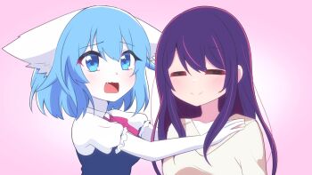 2girls alternate_costume animal_ears artist_self-insert blue_eyes blue_hair collarbone dot_nose fang gradient_background hand_on_another's_chest highres hoshino_ai indie_virtual_youtuber light_blush multiple_girls official_alternate_costume oshi_no_ko pale_skin pink_background thick_eyelashes v-neck virtual_youtuber wavy_mouth wolf_ears wolf_girl wolfychu wolfychu_(artist)