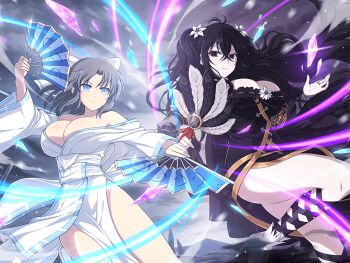 2girls bare_shoulders black_eyes black_hair blue_eyes bow breasts bridal_gauntlets choker cleavage cloud cloudy_sky cryokinesis feather_fan fighting flower flower_choker fubuki_(senran_kagura) grey_hair hair_bow hair_flower hair_ornament hand_fan ice_crystal japanese_clothes kimono large_breasts lily_(flower) long_hair low_neckline medium_hair midair mountainous_horizon multiple_girls no_panties non-web_source official_art outdoors pale_skin ribbon-trimmed_kimono ribbon_trim senran_kagura senran_kagura_new_link sky striped_bow two-tone_kimono white_bow white_flower white_kimono white_lily yumi_(senran_kagura)