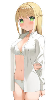 1girl absurdres apollo_(hu_maple) arm_behind_back blonde_hair blush bow bow_bra bow_panties bra braid breasts cowboy_shot crown_braid dress_shirt green_eyes hand_on_own_arm highres long_hair long_sleeves looking_at_viewer medium_breasts navel nearly_naked_shirt no_pants open_clothes open_shirt original panties parted_lips shirt simple_background solo standing underwear white_bra white_panties