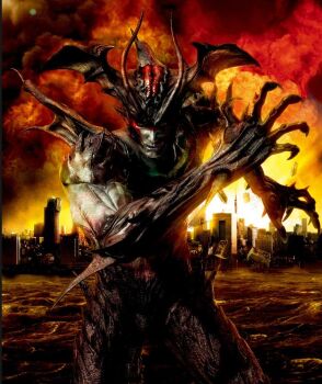 1boy 3d antennae body_markings city claws colored_skin demon demon_wings devilman devilman_(character) fingernails fire fudou_akira green_skin head_wings horns looking_at_viewer male membrane monster monster_boy movie_poster_(medium) muscular muscular_male official_art pointy_ears sharp_fingernails sky water wings yellow_eyes