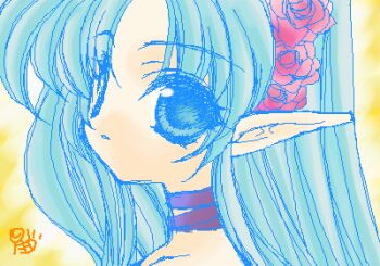1girl bad_id blue_eyes blue_hair choker colored_lineart commentary_request flower hair_flower hair_ornament hibiki_seiya jaggy_lines long_hair long_pointy_ears lowres original parted_lips pointy_ears portrait purple_choker red_flower solo