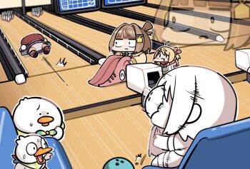 4girls ball beret bird blonde_hair bowling bowling_alley bowling_ball bowling_pin brown_hair chibi chibi_only commentary duck hair_ornament hair_ribbon hair_rings hat highres hololive hololive_dev_is indie_virtual_youtuber jacket jitome kakue_gaku lying multiple_girls on_stomach oozora_subaru otonose_kanade otonose_kanade_(1st_costume) panties red_hat red_ribbon red_socks ribbon sendo_yuuhi sendo_yuuhi_(1st_costume) shigure_ui_(1st_costume)_(vtuber) shigure_ui_(vtuber) single_hair_ring socks subatomo_(big) subatomo_(oozora_subaru) subatomo_(small) turn_pale underwear virtual_youtuber vspo! white_jacket white_panties yellow_jacket zoom_layer