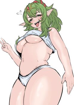 1girl breasts fire_emblem fire_emblem_awakening from_below green_eyes green_hair nintendo panties pointy_ears tavi_(hosheezus) thick_thighs thighs tiki_(adult)_(fire_emblem) tiki_(fire_emblem) tongue tongue_out underboob underwear