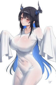 1girl absurdres alternate_costume asymmetrical_horns black_hair blue_hair breasts closed_mouth colored_inner_hair covered_navel cowboy_shot dress flower ghost_costume highres hololive hololive_english horn_flower horns large_breasts long_hair looking_at_viewer mole mole_under_eye multicolored_hair nerissa_ravencroft purple_eyes rayn3 sidelocks simple_background sleeves_past_fingers sleeves_past_wrists smile solo straight_hair uneven_horns very_long_hair virtual_youtuber white_background white_dress