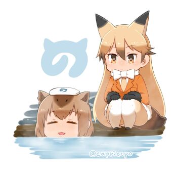 &gt;:/ 10s 2girls :/ :3 :d =_= animal_ears artist_name bad_id bad_pixiv_id bathing black_gloves blazer blonde_hair blush bow bowtie brown_hair capriccyo capybara_(kemono_friends) capybara_ears chibi closed_mouth ezo_red_fox_(kemono_friends) fox_ears fox_tail fur_trim gloves hair_between_eyes jacket japari_symbol japari_symbol_print kemono_friends long_hair multicolored_hair multiple_girls necktie open_mouth partially_submerged pleated_skirt shirt skirt smile squatting streaked_hair tail towel towel_on_head twitter_username two-tone_hair v-shaped_eyebrows very_long_hair water white_background white_bow white_bowtie white_shirt white_skirt yellow_necktie
