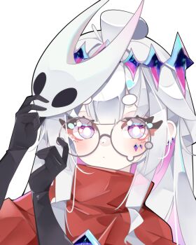 Rule 34 | 1girl, absurdres, ahoge, berrychan00, cape, colored inner hair, cosplay, grey-framed eyewear, grey hair, highres, hollow knight, hollow knight: silksong, hololive, hololive english, hornet (hollow knight), hornet (hollow knight) (cosplay), jewel under eye, koseki bijou, long hair, looking at viewer, mask, mask on head, multicolored hair, pink hair, purple eyes, red cape, round eyewear, simple background, solo, teardrop-framed glasses, virtual youtuber, white background