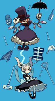 2girls apron bellows bloody_marie_(skullgirls) blue_background bone closed_eyes cyborg dress dust_bunny_(skullgirls) duster falling feather_duster frilled_apron frilled_dress frills hat hat_tip highres kuroirozuki looking_at_viewer mary_janes multiple_girls orange_hair pantyhose peacock_(skullgirls) rabbit shoes short_hair skullgirls smile top_hat umbrella_(skullgirls) vacuum_cleaner