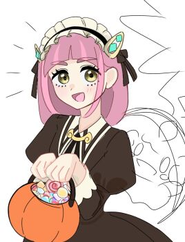 1girl :d blush brown_eyes bucket candy commentary_request eyelashes food gen_5_pokemon hair_ornament hairclip halloween_bucket highres holding holding_bucket juliet_sleeves lacey_(fall_2025)_(pokemon) lacey_(pokemon) long_sleeves looking_at_viewer maid_headdress medium_hair mochimocchi0519 nintendo official_alternate_costume open_mouth pink_hair pokemon pokemon_(creature) pokemon_masters_ex puffy_sleeves smile unfinished upper_body whimsicott