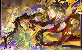 1boy 1girl absurdres alternate_costume arabian_clothes artist_request bamboo bandaged_arm bandages barefoot bell black_dress black_eyes black_hair bracelet breasts burning cape chain chest_sarashi chinese_clothes chinese_commentary chinese_text cleavage coin_(ornament) commission crop_top crying crying_with_eyes_open dancer dao_gui_yi_xian dress earrings eye_contact eyeball face-to-face fire floating_clothes floating_hair from_side full_body genderswap genderswap_(mtf) gold_chain hair_bun hair_ornament hair_ribbon hair_stick hand_on_another's_chest hand_on_another's_face hanfu harem_outfit hetero highres imminent_kiss jewelry li_huowang long_hair long_sleeves looking_at_another medium_breasts midriff navel neck_bell necklace open_mouth orb paintbrush_hair_ornament profile red_cape red_eyes ribbon sarashi second-party_source single_hair_bun sitting smile tassel tassel_earrings tears torn_clothes white_hanfu wide_sleeves zhuge_yuan