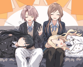 4girls :d ^_^ amaya_tsubame arimura_mao black_hair black_jacket black_necktie black_pantyhose blazer blonde_hair blue_jacket blue_ribbon blush brown_hair brown_sweater buttons closed_eyes collared_shirt constricted_pupils couch curtained_hair double-breasted dress_shirt embarrassed flying_sweatdrops frown gakuen_idolmaster grey_eyes grey_hair grey_sweater gym_shirt hatsuboshi_gakuen_school_uniform highres himesaki_rinami idolmaster jacket jitome juo_sena lap_pillow long_hair lying medium_hair multiple_girls neck_ribbon necktie on_couch on_side open_mouth pants pantyhose parted_bangs parted_hair puff_of_air ribbon school_uniform shirt side_part sitting smile sweater v-shaped_eyebrows white_jacket white_pants white_shirt yukitake_(bullfalk)