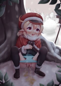 1girl absurdres atelier_rinoaex behind_tree black_thighhighs blonde_hair blush boots clothes_lift decensored elf full_body genshin_impact hat headgear highres huge_filesize klee_(genshin_impact) loli open_mouth outdoors panties panty_pull pee peeing pointy_ears pussy red_eyes sitting skirt skirt_lift snow solo spread_legs spread_pussy squatting steam thighhighs third-party_edit tree uncensored underwear
