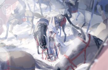 1girl 2026 absurdres animal black_gloves blurry blurry_background chinese_zodiac commentary_request from_above gloves happy_new_year highres holding holding_reins horse horse_girl horseback_riding japanese_clothes kimono long_hair looking_at_viewer new_year nontraditional_miko original petite purple_eyes reins riding saddle samurai scenery sidelocks soldier solo_focus surrounded tail tassel utsusemi_1024 white_hair year_of_the_horse