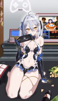 1girl absurdres acacia_(snowbreak) bare_shoulders barefoot blush breasts commentary_request feet full_body gloves grey_hair highres kneeling legs looking_at_viewer mu_laoyang no_shoes sitting small_breasts smile snowbreak:_containment_zone soles thighhighs toes twintails yellow_eyes