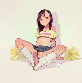 1girl anus arm_support black_panties blue_skirt brown_hair censored closed_mouth clothing_aside commentary_request dildo disembodied_penis english_text footjob grey_background hair_ornament hairclip highres loli loose_socks m_legs medium_hair mosaic_censoring muk_(monsieur) original panties panties_aside penis polka_dot polka_dot_panties pussy ribbed_socks sex_toy shadow simple_background sitting skirt socks solo spread_legs textless_version underwear white_socks