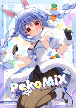 1girl animal_ear_fluff animal_ears artist_name bare_shoulders black_gloves black_leotard black_pantyhose blue_hair blush bow braid carrot_hair_ornament commentary_request cover cover_page covered_navel detached_sleeves don-chan_(usada_pekora) dress food-themed_hair_ornament footwear_bow fur-trimmed_gloves fur_trim gloves grid_background grin hair_bow hair_ornament hololive leotard long_hair long_sleeves looking_at_viewer mauve multicolored_hair pantyhose rabbit_ears rabbit_girl red_eyes shoes short_sleeves smile solo strapless strapless_dress strapless_leotard thick_eyebrows twin_braids two-tone_hair usada_pekora virtual_youtuber white_bow white_dress white_hair white_shoes white_sleeves