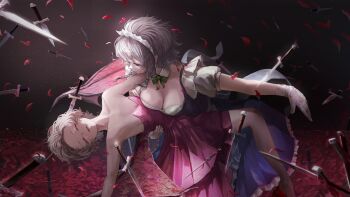 absurdres apron ascot bat_wings between_fingers blue_hair bow braid breasts brooch carrying dedemaru dress falling_petals floating floating_object floating_sword floating_weapon green_bow grey_hair hat highres holding izayoi_sakuya jewelry knife maid maid_apron maid_headdress moon multiple_girls multiple_swords open_mouth petals pocket_watch princess_carry red_ascot red_eyes red_moon remilia_scarlet rose_petals short_hair sleeveless sword touhou twin_braids vampire waist_apron watch weapon wings wrist_cuffs