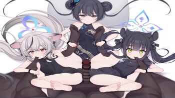 1boy 3girls animal_ear_fluff animal_ears animated bar_censor bare_legs bed bikini black_hair blue_archive censored china_dress chinese_clothes clothed_female_nude_male cooperative_grinding dark_skin double_bun dress feet flat_chest green_eyes grey_eyes grinding hair_bun highres kisaki_(blue_archive) kokona_(blue_archive) legs light_blush loli long_hair looking_at_viewer m_legs micro_bikini mosaic_censoring multiple_girls navel nipples nta nta_(drapa_box10) nude on_bed orange_eyes penis pillow pov pov_crotch pov_hands sex shaded_face shun_(blue_archive) shun_(small)_(blue_archive) size_difference soles sound spread_legs swimsuit tagme teamwork_(sexual) thighs thumb_sucking toes twintails video white_hair