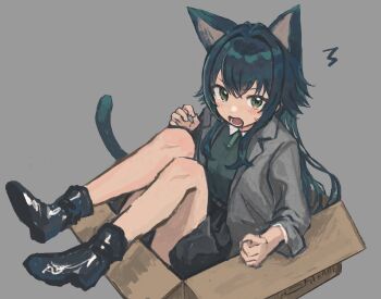 1girl :o animal_ears bare_legs black_shoes black_skirt blush box cardboard_box cat_ears cat_tail coat commentary_request gakuen_idolmaster green_eyes green_hair green_shirt grey_background grey_coat hai_bokusha hair_flaps highres idolmaster in_box in_container kemonomimi_mode legs_up long_hair looking_at_viewer shirt shoes simple_background sitting skirt solo sweatdrop tail tsukimura_temari very_long_hair