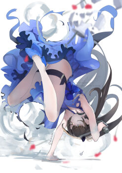 Rule 34 | 1girl, absurdres, artist name, blue bow, blue dress, blue shoes, bow, brown hair, closed mouth, commentary, dress, english commentary, explosive, flashbang, full body, girls' frontline, grenade, grenade pin, high heels, highres, holding, holding grenade, long hair, looking at viewer, official alternate costume, panties, pantyshot, shoes, simple background, solo, todoroki mushi, torn clothes, twitter username, ump45 (diamond flower) (girls' frontline), ump45 (girls' frontline), underwear, white background, white panties