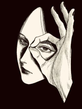 1girl black_background black_hair black_outline greyscale highres long_hair looking_at_viewer monochrome ok_sign ok_sign_over_eye original outline solo tp_p_pt