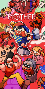 Rule 34 | 3girls, 4boys, absurdres, ana (mother), antique phone, arm up, baseball bat, black hair, blue shorts, bow, copyright name, crown, dress, eve (mother), giegue, glasses, highres, holding, holding baseball bat, in container, in trash can, lloyd (mother), mother (series), mother 1, multiple boys, multiple girls, ninten, nintendo, open mouth, pannomimi0301, phone, pink dress, pippi (mother), pompadour, praying, queen mary, red bow, red shirt, robot, rotary phone, shirt, shorts, sideways hat, starman (mother), teddy (mother), trash can, twintails